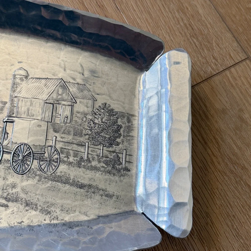 Wendell August Forge Hammered Aluminum Tray Amish Horse Buggy Farm Scene USA